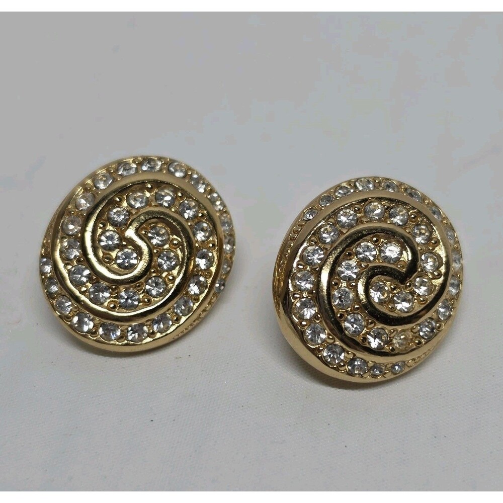 Christian Dior Vintage 80s Goldtone Swirl Oval Rhinestones Clip On Earrings